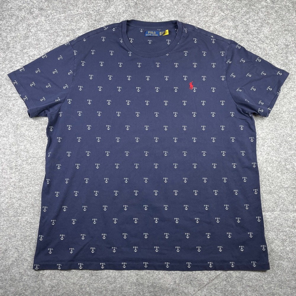 Polo Ralph Lauren T-Shirt Mens 3XB Navy Blue Anchor All Over Print Short Sleeve